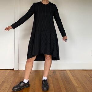 JNBY grey and off-white pinstripe drop waist long sleeve wool mini dress